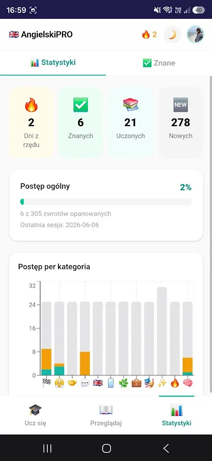 Fiszki angielskie – widok mobilny aplikacji z fiszką i słówkiem do nauki