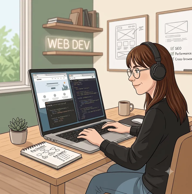 Komiksowa ilustracja przedstawiająca kobietę programistkę piszącą kod na laptopie przy biurku, w pokoju z neonem „WEB DEV