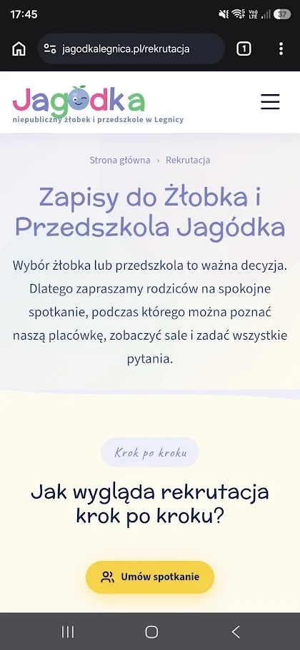 Przedszkole Jagodka – widok mobilny strony internetowej żłobka i przedszkola